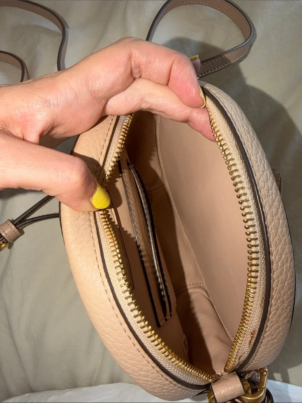 Tory Burch Blush Pink Croc-Embossed Round Crossbody with Red Trim